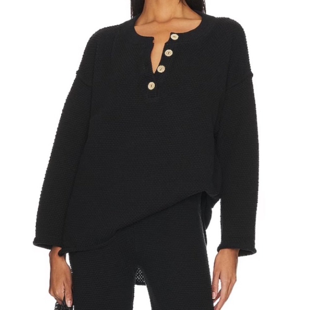 Free People Beach Hailee Sweater Top Black Button Detailing Waffle Knit Size S - Picture 4 of 5
